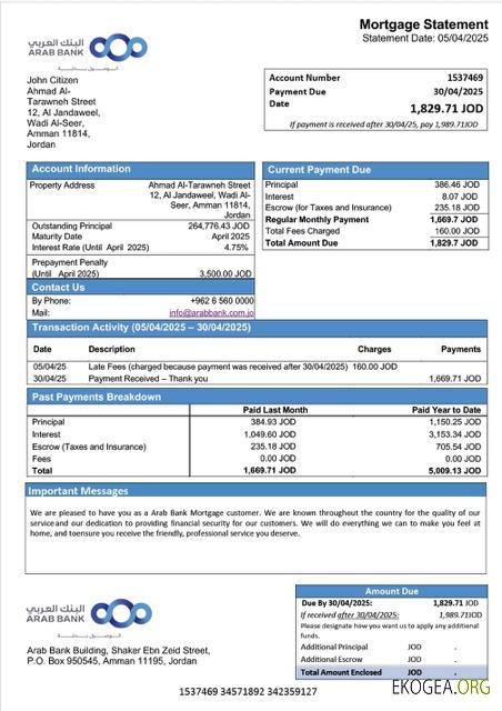 Modèle Word et PDF de relevé hypothécaire de la Jordan Arab Bank
